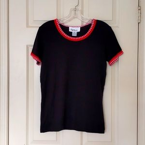 NWOT. Woman's 100% Cotton Short Sleeve Tee with red/plaid trim on neck & sleeves